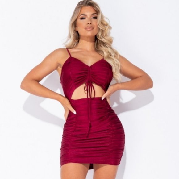 Dresses & Skirts - Burgundy Sleeveless V-Neck Ruched Cutout Bodycon Mini Dress